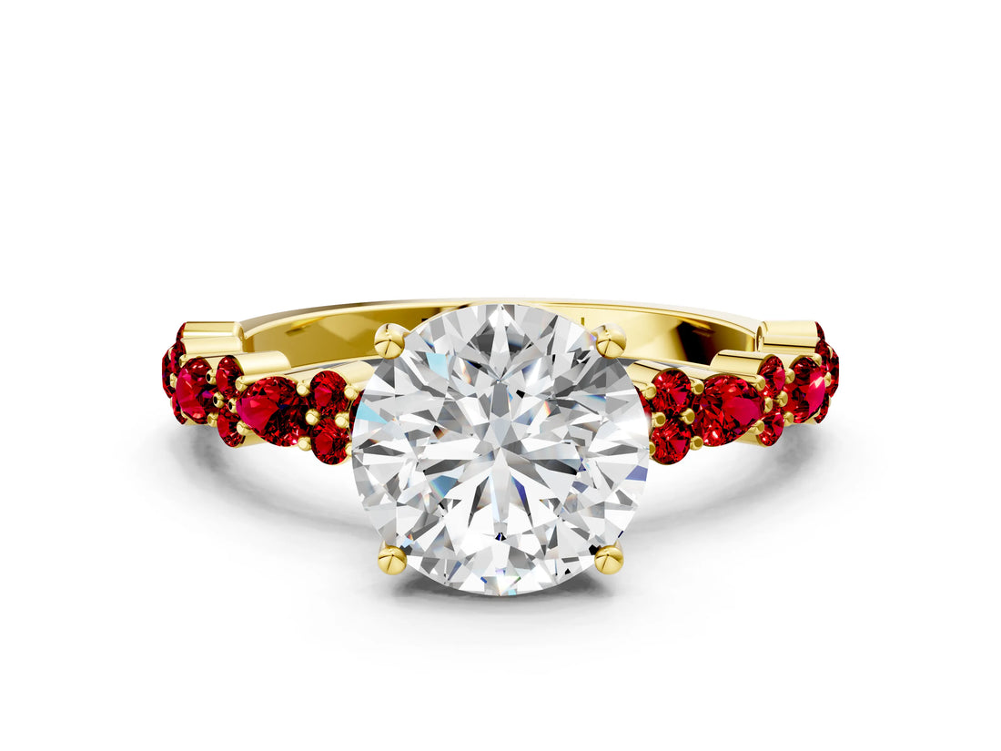 Yellow gold Round Cut Diamond Side Stone Solitaire Ring with Round with Ruby side stone and Four-Prong Setting