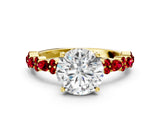 Yellow gold Round Cut Diamond Side Stone Solitaire Ring with Round with Ruby side stone and Four-Prong Setting