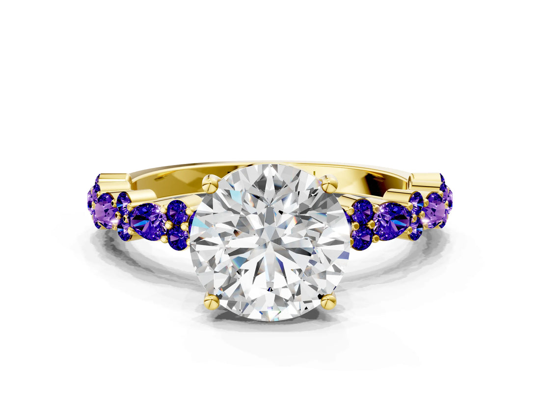 Yellow gold Round Cut Diamond Side Stone Solitaire Ring with Round with Tanzanite side stone and Four-Prong Setting