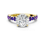 Yellow gold Round Cut Diamond Side Stone Solitaire Ring with Round with Tanzanite side stone and Four-Prong Setting