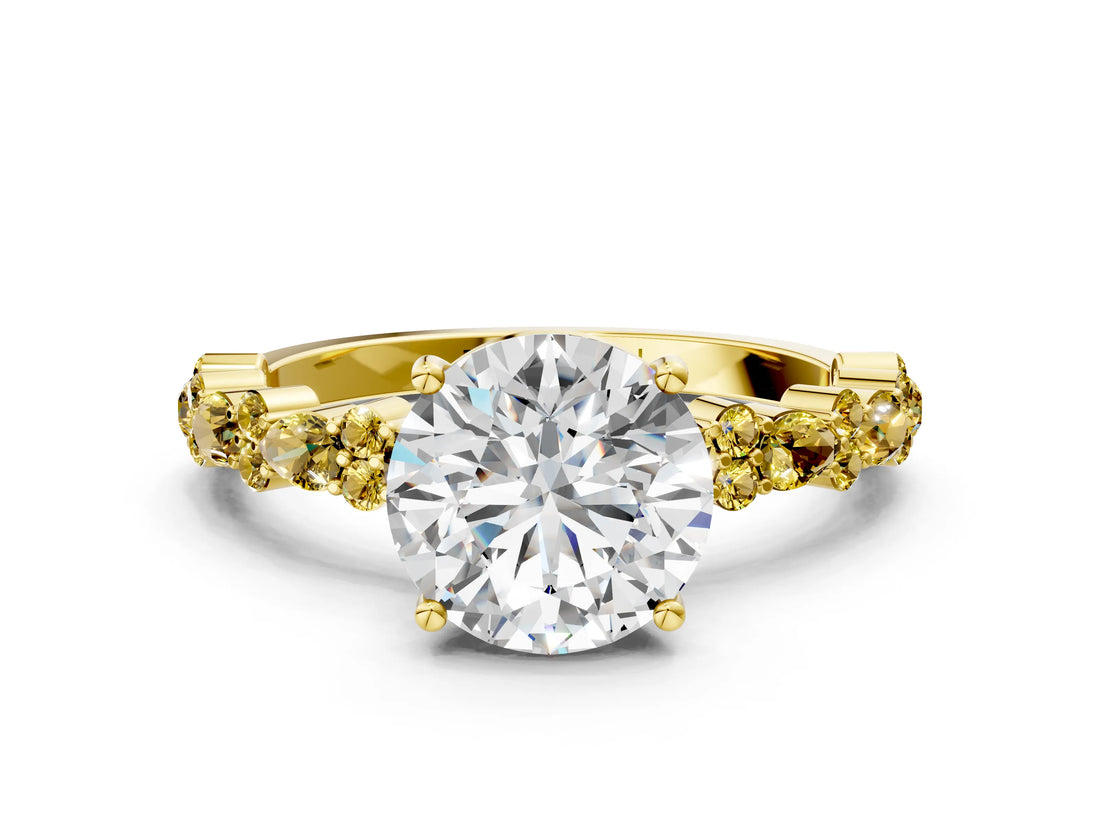 Yellow gold Round Cut Diamond Side Stone Solitaire Ring with Round with Yellow Sapphire side stone and Four-Prong Setting