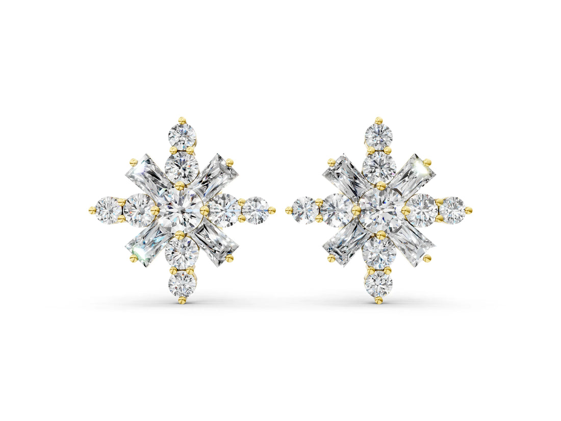 Yellow gold Round Cut Diamond Snowflake Cluster Stud Earrings_50