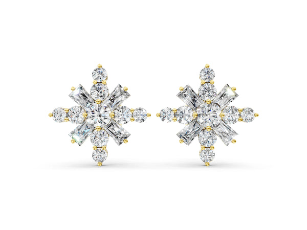Yellow gold Round Cut Diamond Snowflake Cluster Stud Earrings