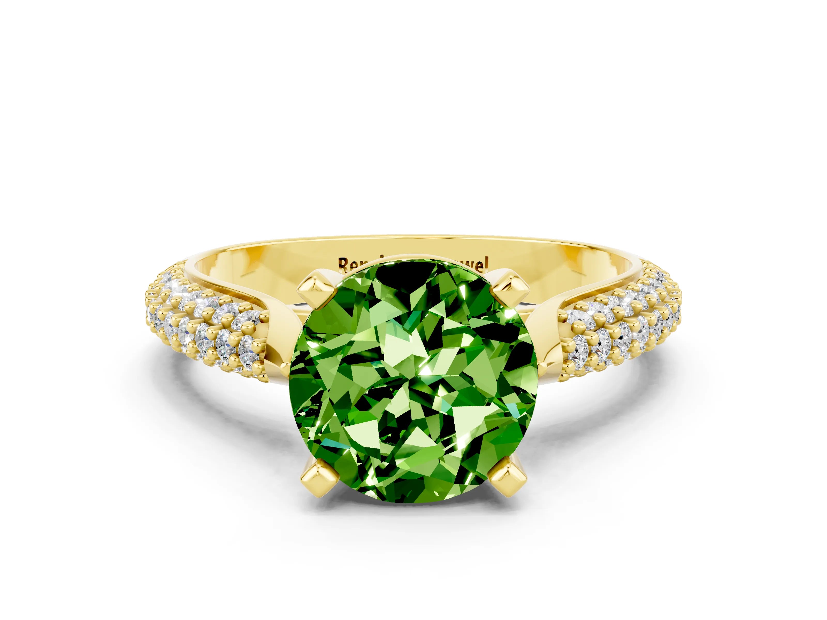 Yellow gold Round Cut Diamond Solitaire Engagement Ring with Pavé Band and Four-Prong Setting