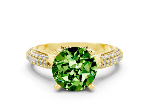 Yellow gold Round Cut Diamond Solitaire Engagement Ring with Pavé Band and Four-Prong Setting
