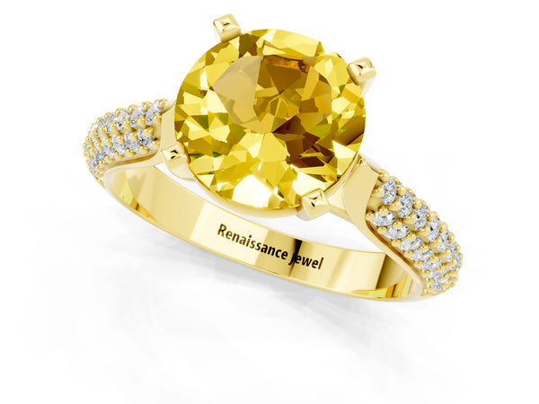 Yellow gold Round Cut Yellow Sapphire Solitaire Engagement Ring with Multi-Row Round Pavé Band and Prong Setting