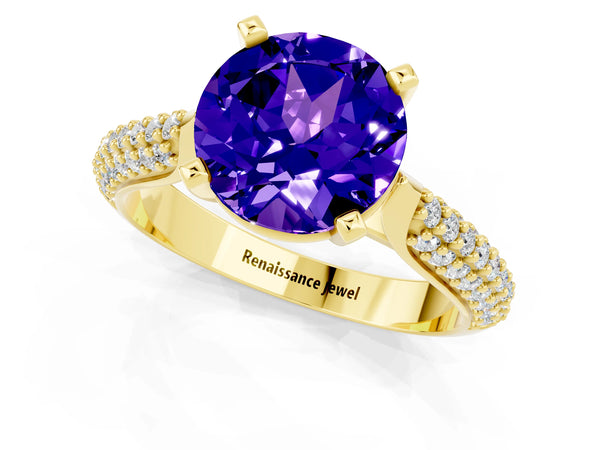 Yellow gold Round Cut Tanzanite Solitaire Engagement Ring with Multi-Row Round Pavé Band and Prong Setting