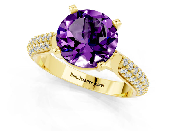 Yellow gold Round Cut Amethyst Solitaire Engagement Ring with Multi-Row Round Pavé Band and Prong Setting