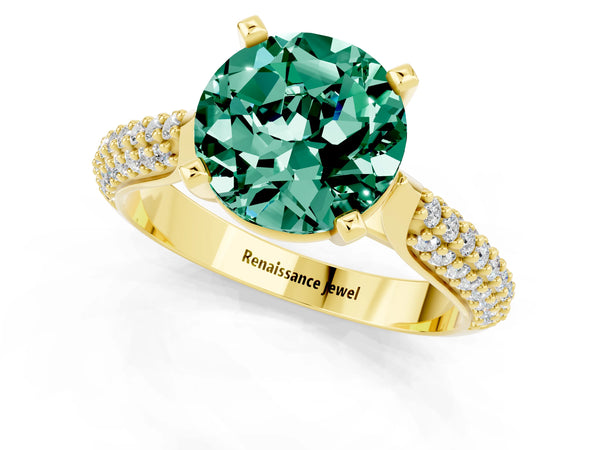 Yellow gold Round Cut Green Sapphire Solitaire Engagement Ring with Multi-Row Round Pavé Band and Prong Setting