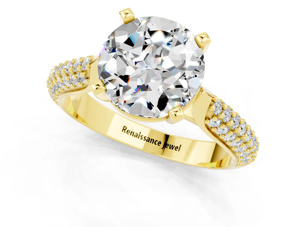 Yellow gold Round Cut Moissanite Solitaire Engagement Ring with Multi-Row Round Pavé Band and Prong Setting