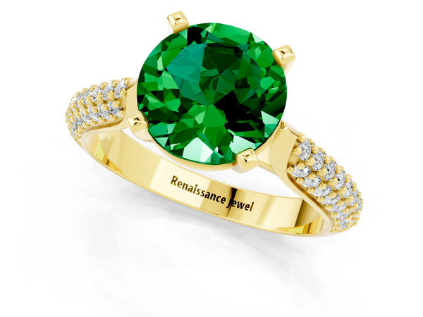 Yellow gold Round Cut Emerald Solitaire Engagement Ring with Multi-Row Round Pavé Band and Prong Setting