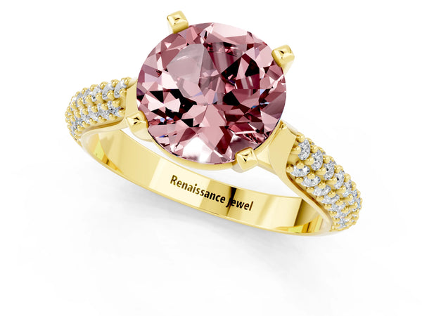 Yellow gold Round Cut Diamond Solitaire Engagement Ring with Pavé Band and Four-Prong Setting