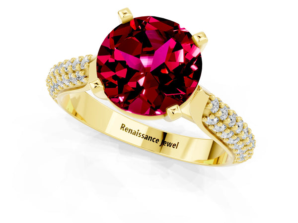 Yellow gold Round Cut Garnet Solitaire Engagement Ring with Multi-Row Round Pavé Band and Prong Setting