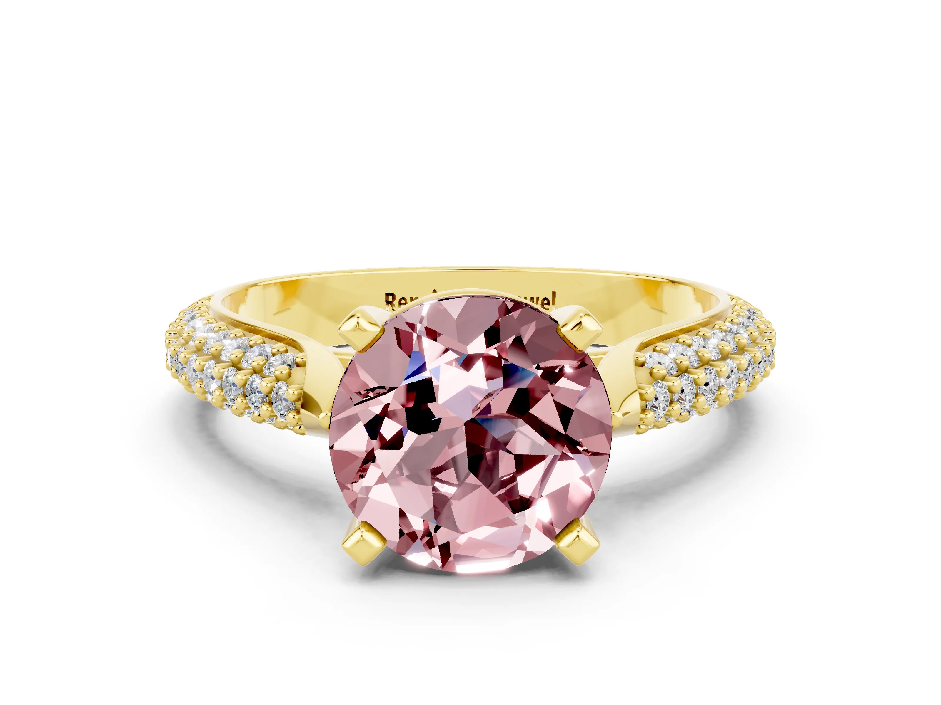 Yellow gold Round Cut Diamond Solitaire Engagement Ring with Pavé Band and Four-Prong Setting