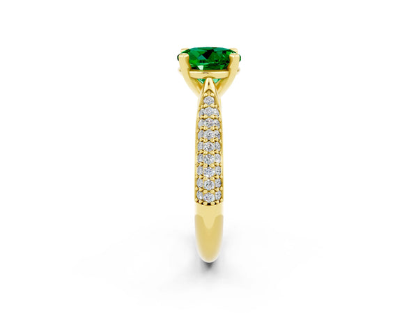 Yellow gold Round Cut Emerald Solitaire Engagement Ring with Multi-Row Round Pavé Band and Prong Setting