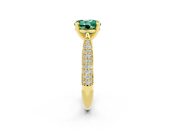 Yellow gold Round Cut Green Sapphire Solitaire Engagement Ring with Multi-Row Round Pavé Band and Prong Setting
