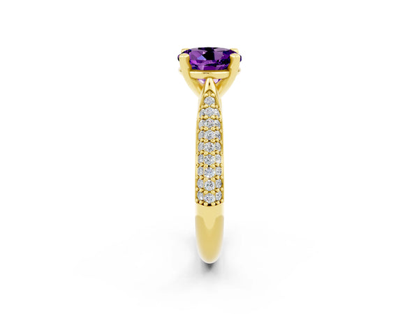 Yellow gold Round Cut Amethyst Solitaire Engagement Ring with Multi-Row Round Pavé Band and Prong Setting