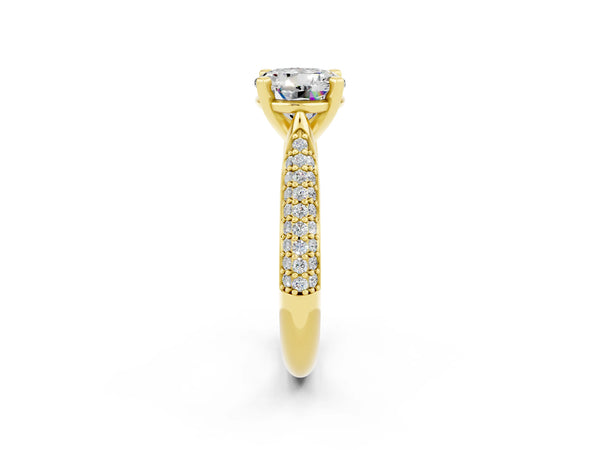 Yellow gold Round Cut Moissanite Solitaire Engagement Ring with Multi-Row Round Pavé Band and Prong Setting