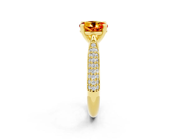 Yellow gold Round Cut Citrine Solitaire Engagement Ring with Multi-Row Round Pavé Band and Prong Setting