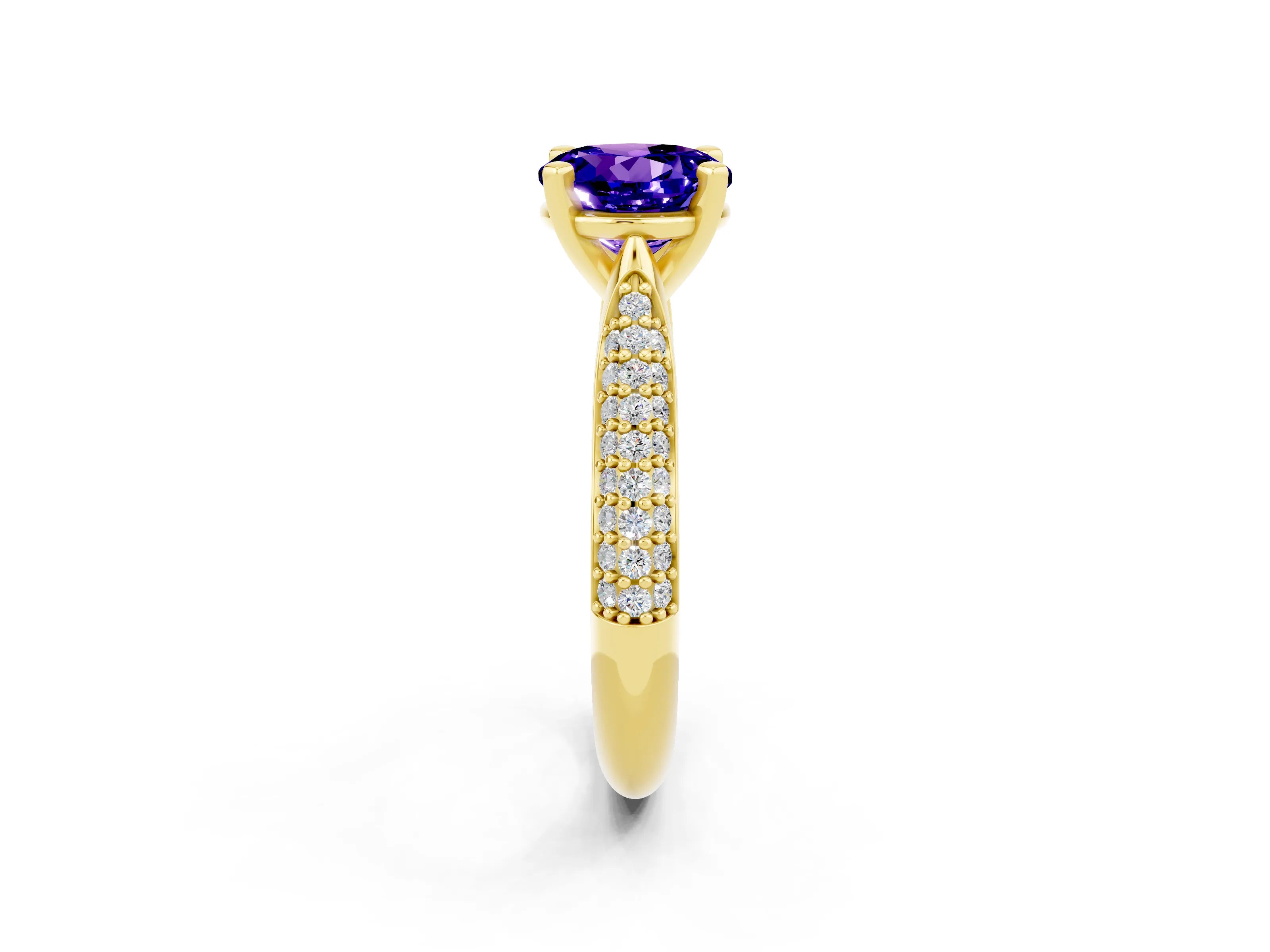 Yellow gold Round Cut Diamond Solitaire Engagement Ring with Pavé Band and Four-Prong Setting_2