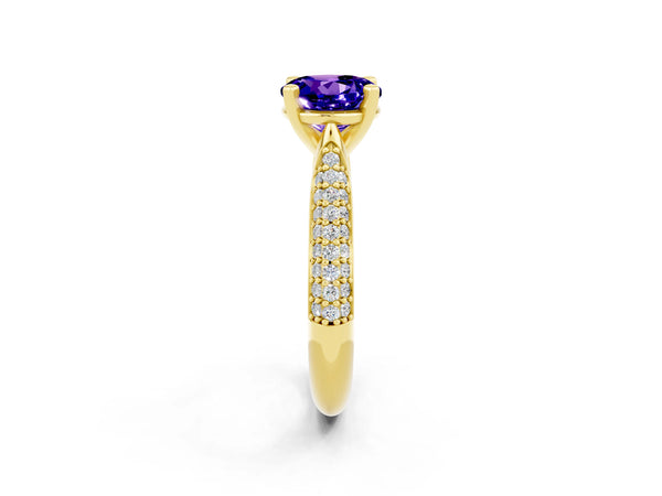 Yellow gold Round Cut Tanzanite Solitaire Engagement Ring with Multi-Row Round Pavé Band and Prong Setting