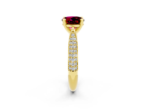 Yellow gold Round Cut Garnet Solitaire Engagement Ring with Multi-Row Round Pavé Band and Prong Setting