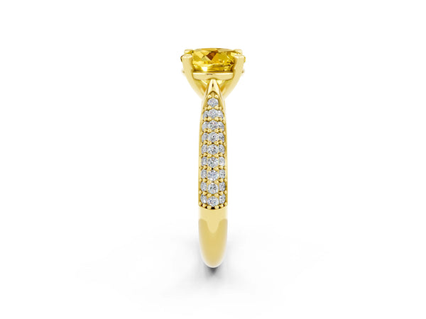 Yellow gold Round Cut Yellow Sapphire Solitaire Engagement Ring with Multi-Row Round Pavé Band and Prong Setting