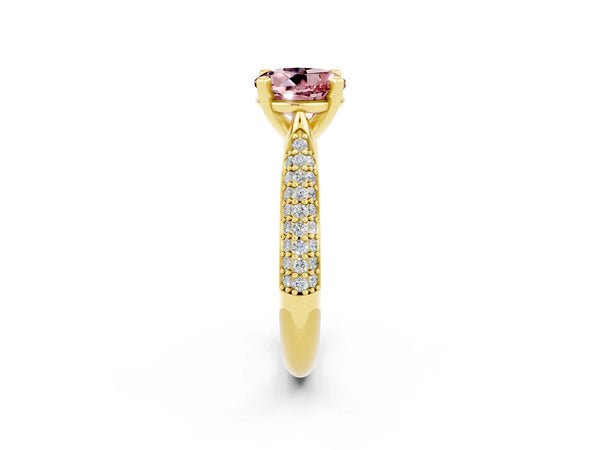 Yellow gold Round Cut Diamond Solitaire Engagement Ring with Pavé Band and Four-Prong Setting