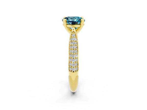 Yellow gold Round Cut Diamond Solitaire Engagement Ring with Pavé Band and Four-Prong Setting