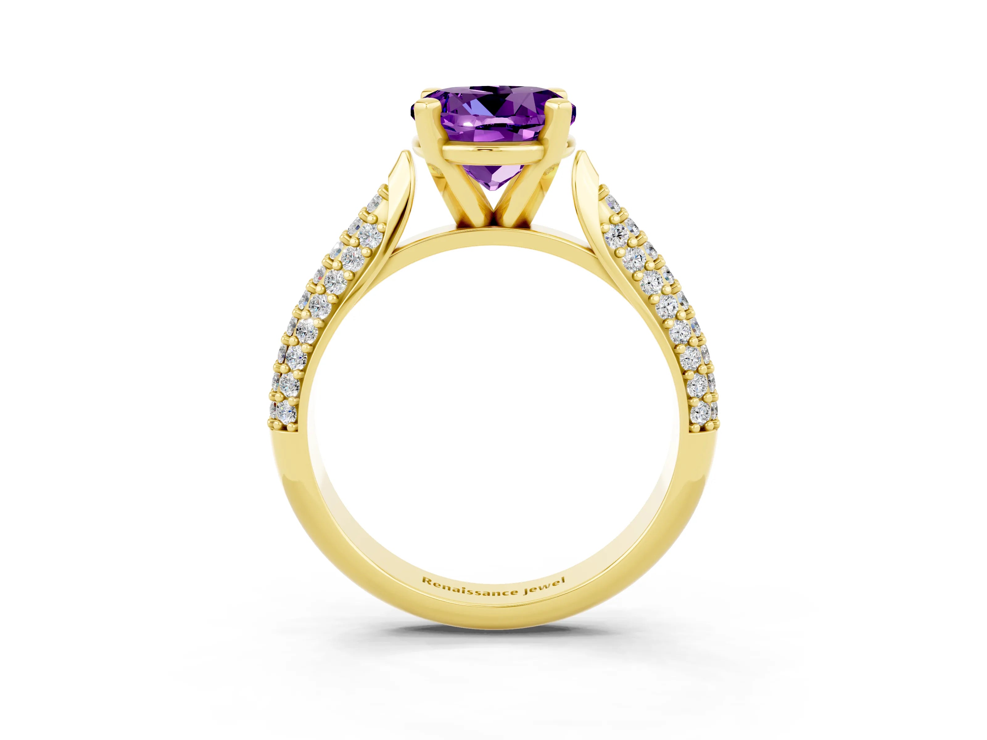 Yellow gold Round Cut Diamond Solitaire Engagement Ring with Pavé Band and Four-Prong Setting_3