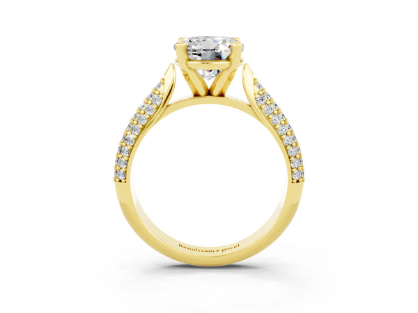 Yellow gold Round Cut Moissanite Solitaire Engagement Ring with Multi-Row Round Pavé Band and Prong Setting