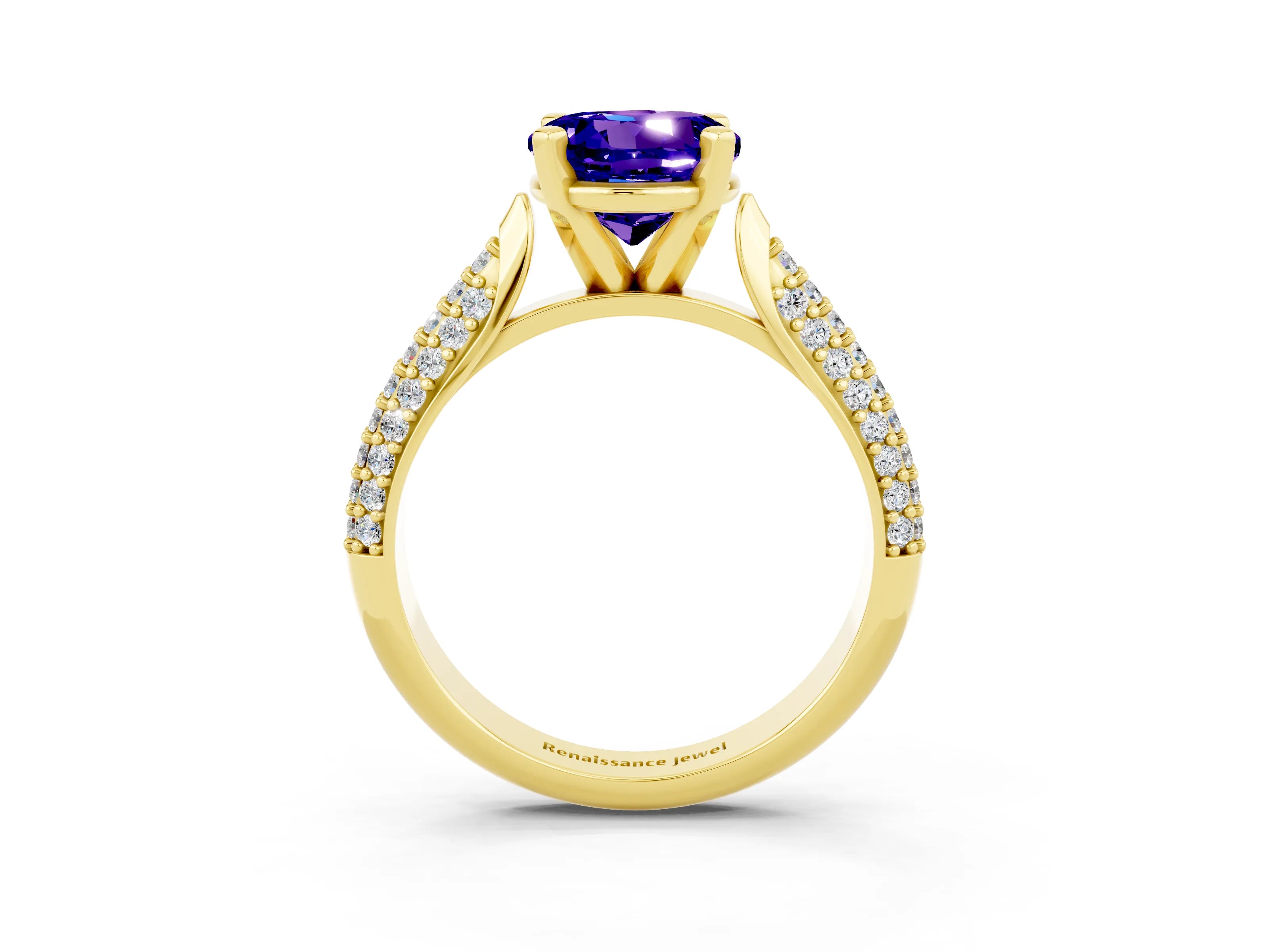 Yellow gold Round Cut Diamond Solitaire Engagement Ring with Pavé Band and Four-Prong Setting_3