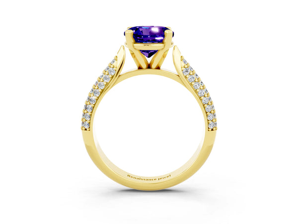 Yellow gold Round Cut Tanzanite Solitaire Engagement Ring with Multi-Row Round Pavé Band and Prong Setting