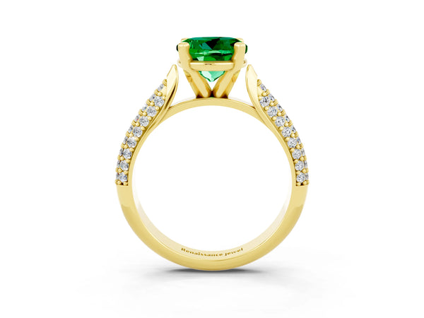 Yellow gold Round Cut Emerald Solitaire Engagement Ring with Multi-Row Round Pavé Band and Prong Setting