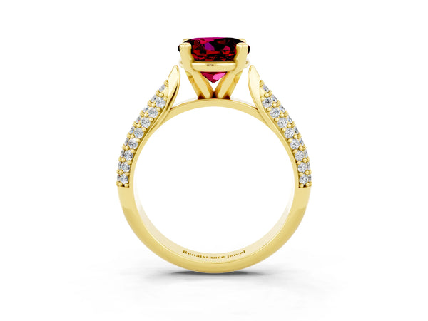 Yellow gold Round Cut Garnet Solitaire Engagement Ring with Multi-Row Round Pavé Band and Prong Setting