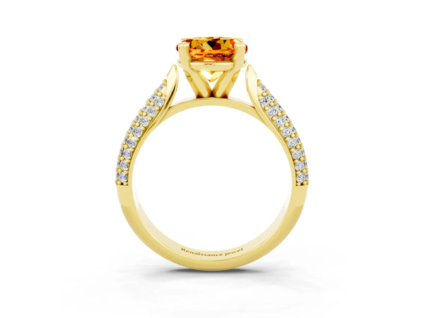 Yellow gold Round Cut Citrine Solitaire Engagement Ring with Multi-Row Round Pavé Band and Prong Setting
