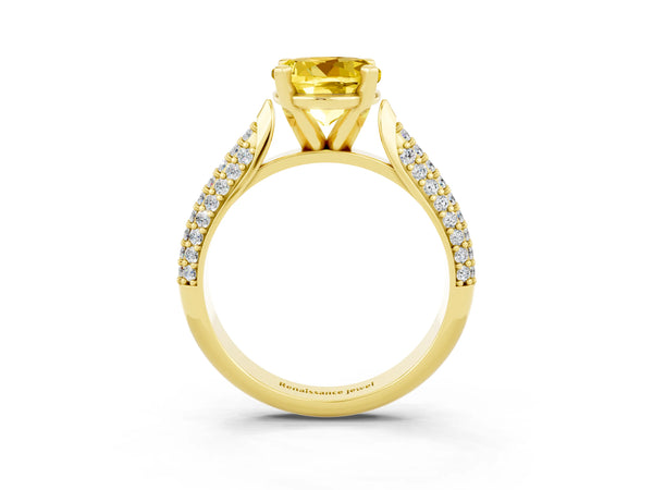 Yellow gold Round Cut Yellow Sapphire Solitaire Engagement Ring with Multi-Row Round Pavé Band and Prong Setting