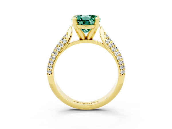 Yellow gold Round Cut Green Sapphire Solitaire Engagement Ring with Multi-Row Round Pavé Band and Prong Setting