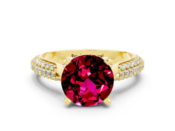 Yellow gold Round Cut Garnet Solitaire Engagement Ring with Multi-Row Round Pavé Band and Prong Setting