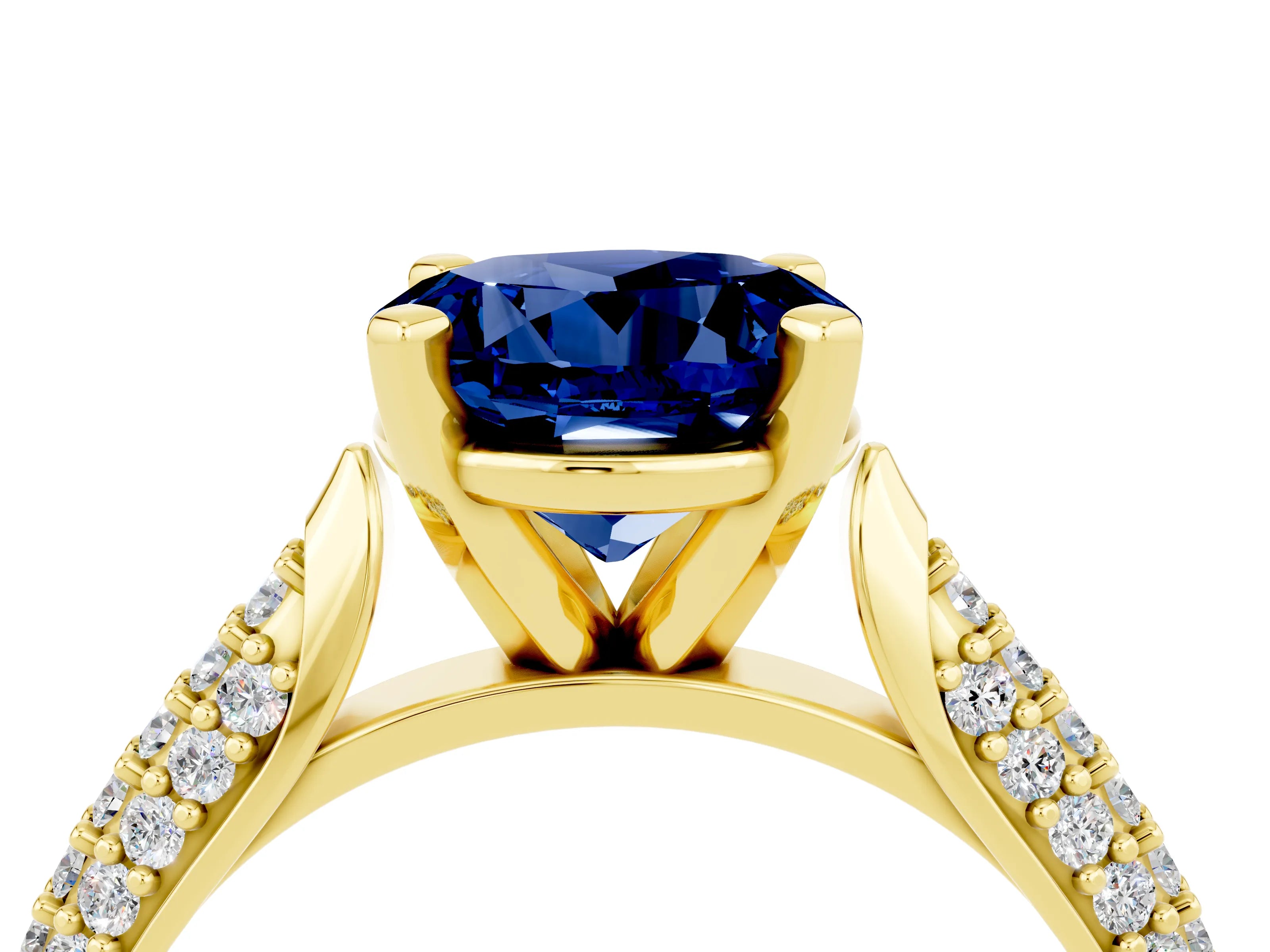 Yellow gold Round Cut Diamond Solitaire Engagement Ring with Pavé Band and Four-Prong Setting_4