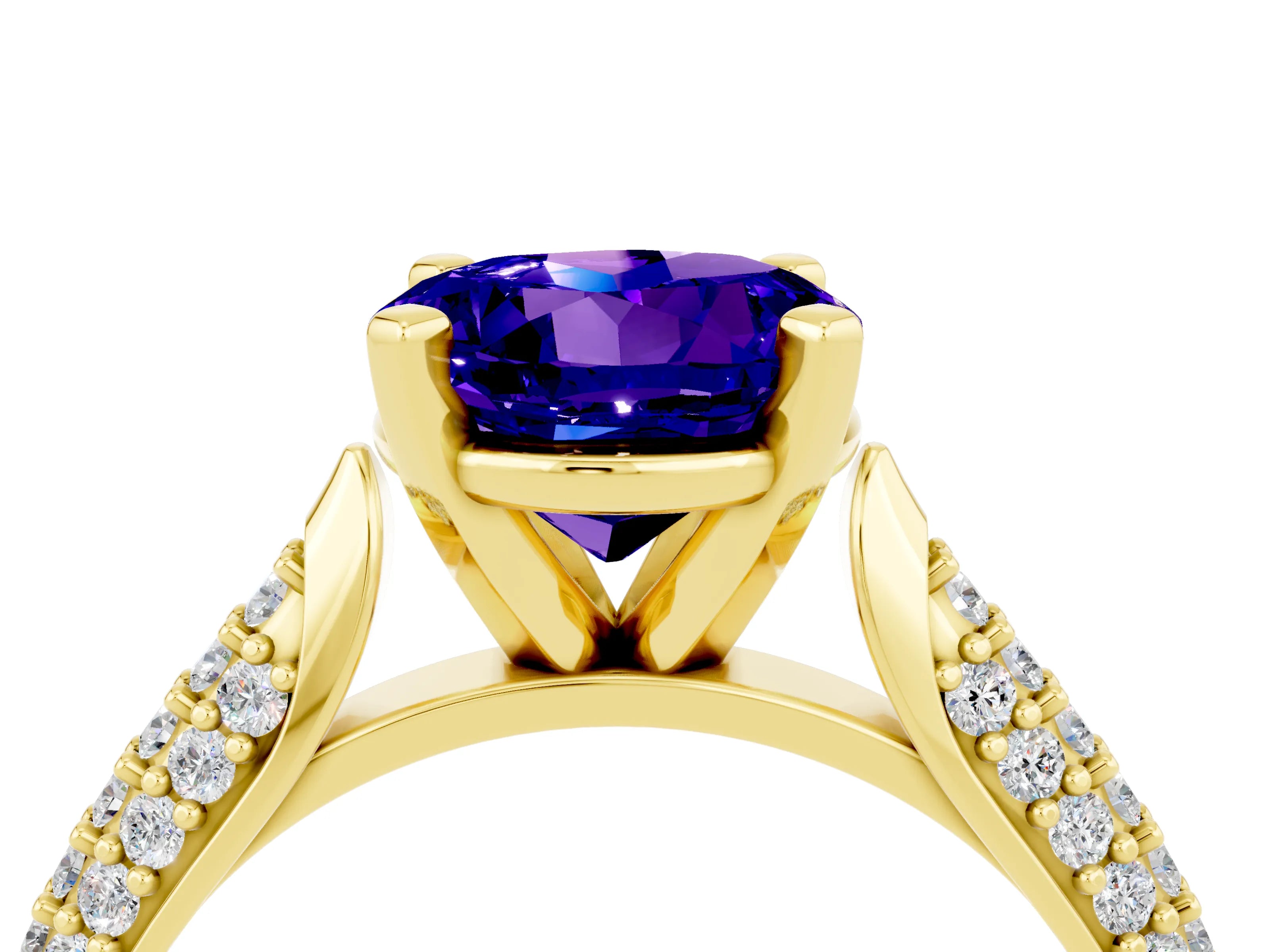 Yellow gold Round Cut Diamond Solitaire Engagement Ring with Pavé Band and Four-Prong Setting_4
