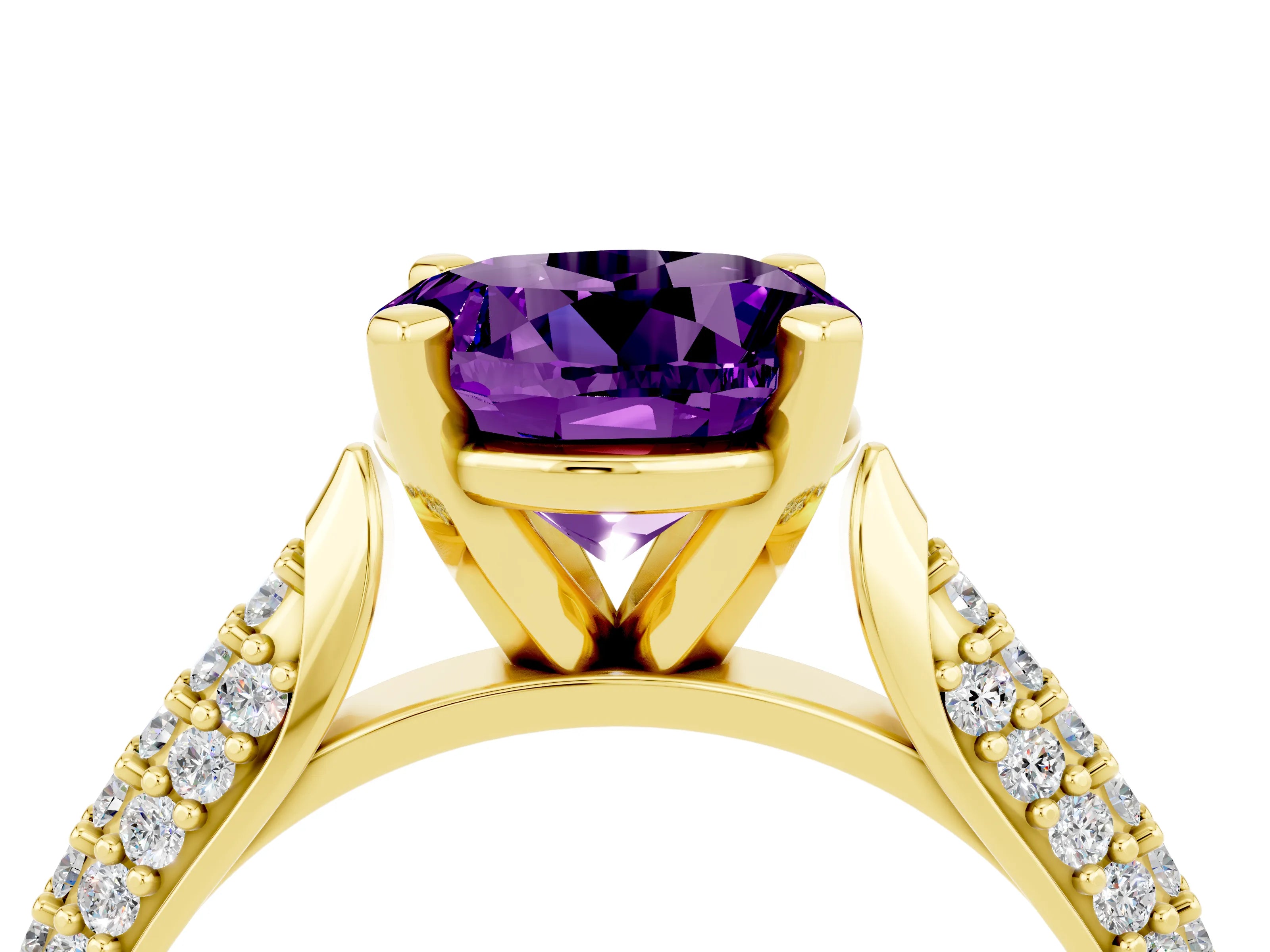 Yellow gold Round Cut Diamond Solitaire Engagement Ring with Pavé Band and Four-Prong Setting_4
