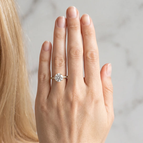 Yellow Gold Round Hidden Halo Solitaire Engagement Ring Setting with Pave Band and Prong Head
