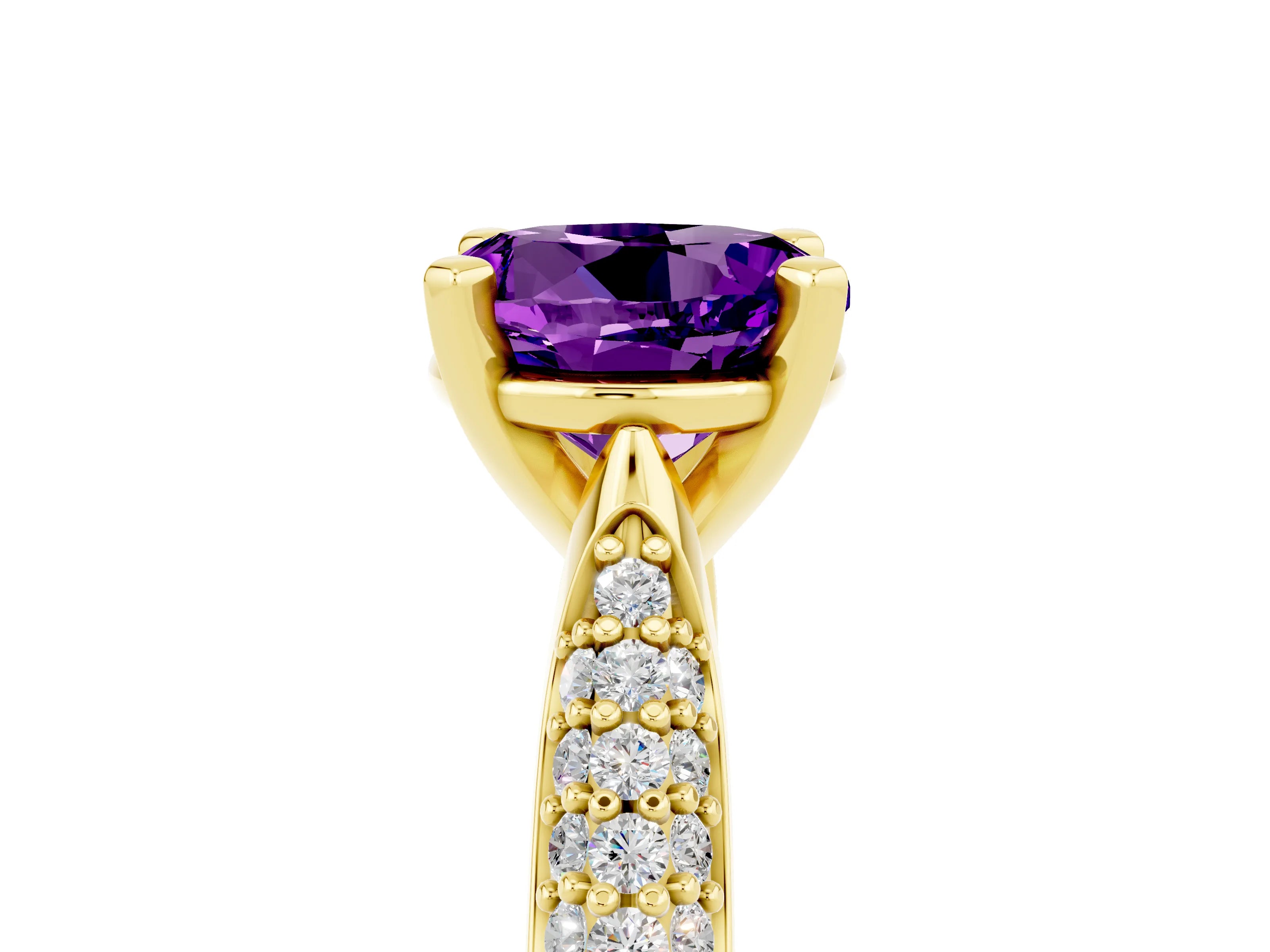 Yellow gold Round Cut Diamond Solitaire Engagement Ring with Pavé Band and Four-Prong Setting_5