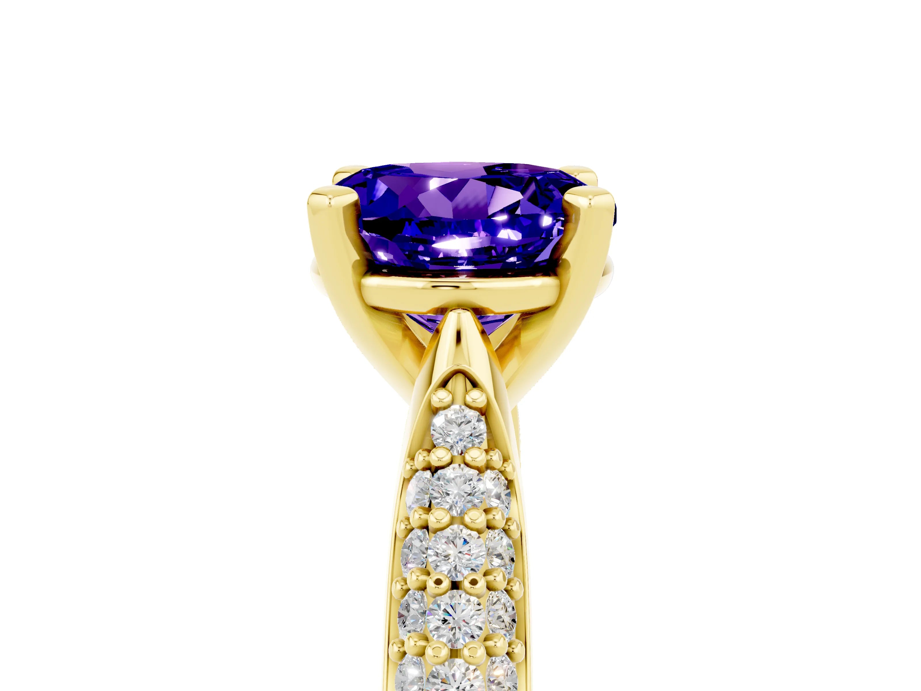 Yellow gold Round Cut Diamond Solitaire Engagement Ring with Pavé Band and Four-Prong Setting_5