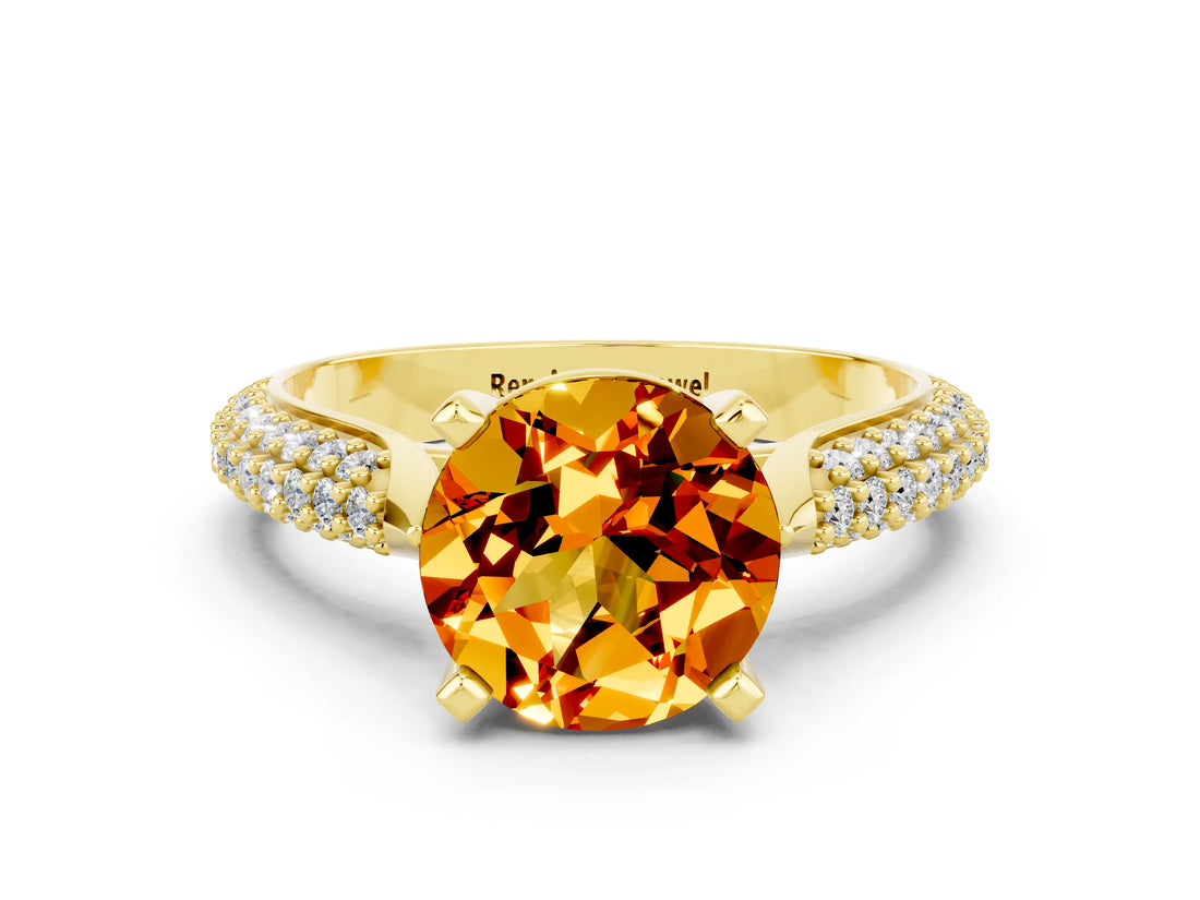 Yellow gold Round Cut Diamond Solitaire Engagement Ring with Pavé Band and Four-Prong Setting