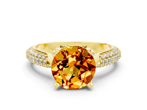 Yellow gold Round Cut Citrine Solitaire Engagement Ring with Multi-Row Round Pavé Band and Prong Setting