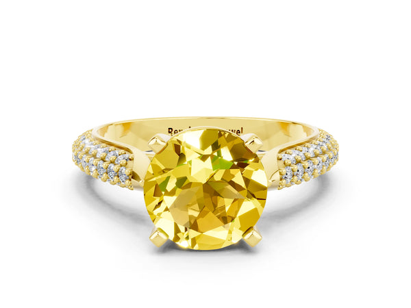 Yellow gold Round Cut Yellow Sapphire Solitaire Engagement Ring with Multi-Row Round Pavé Band and Prong Setting