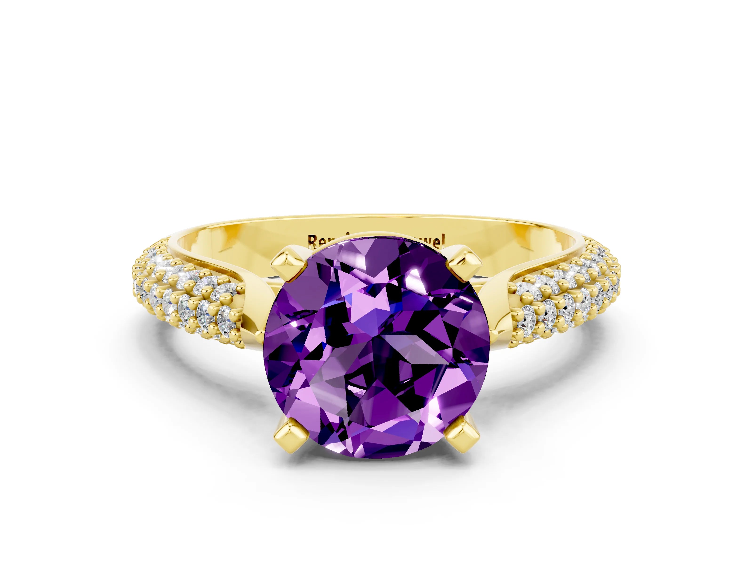 Yellow gold Round Cut Diamond Solitaire Engagement Ring with Pavé Band and Four-Prong Setting