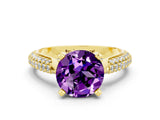 Yellow gold Round Cut Diamond Solitaire Engagement Ring with Pavé Band and Four-Prong Setting